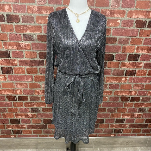 LARGE Black Metallic Wrap Tie Waist Mini Dress - Picture 13 of 17